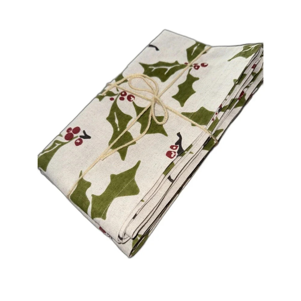Crate & Barrel Holly Table Runner 14x90 Cotton Linen Christmas Holiday Berries